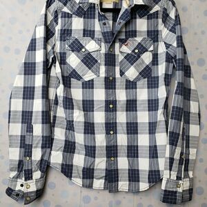 Hollister blue and white plaid shirt pearl snap